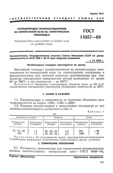 ГОСТ 14357-69 Полуцилиндры теплоизоляционные из минеральной ваты на синтетическом связующем