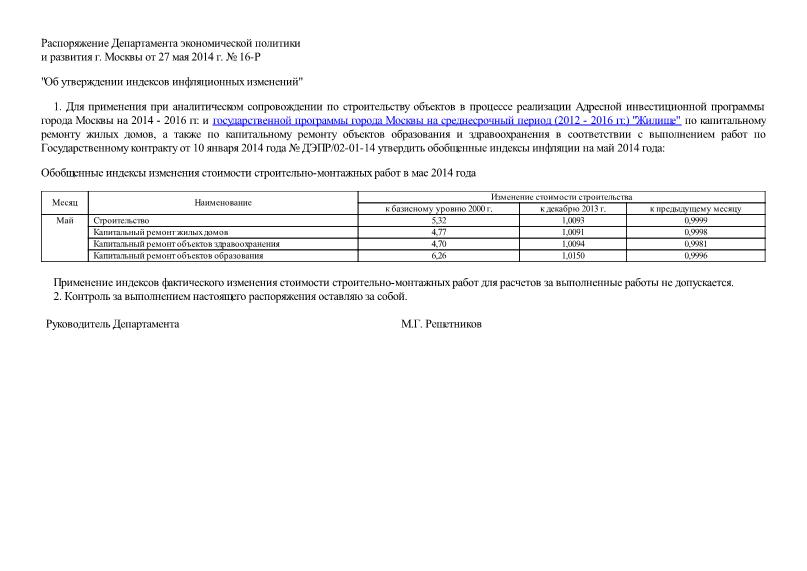 Распоряжение 16-Р Об утверждении индексов инфляционных изменений