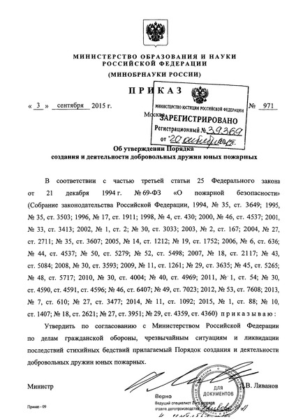 Приказ 971 Порядок создания и деятельности добровольных дружин юных пожарных