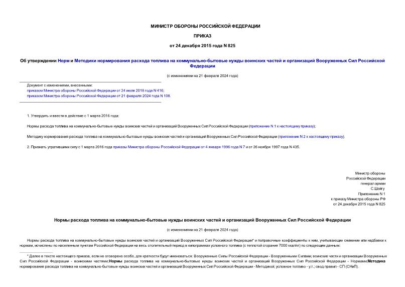 Приказ 825 Нормы расхода топлива на коммунально-бытовые нужды воинских частей и организаций Вооруженных Сил Российской Федерации