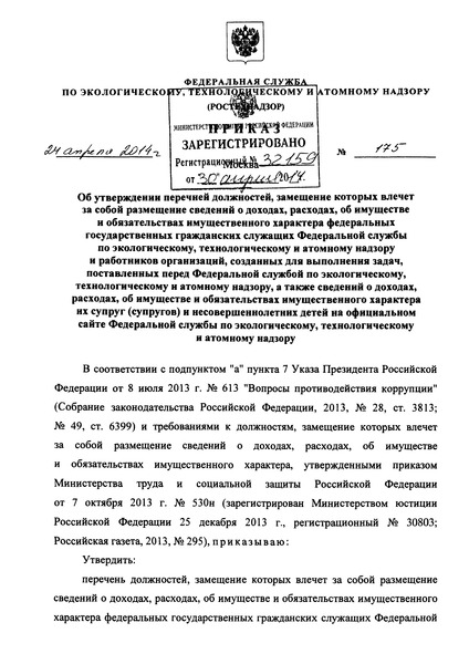 Приказ 175 Перечень должностей, замещение которых влечет за собой размещение сведений о доходах, расходах, об имуществе и обязательствах имущественного характера федеральных государственных гражданских служащих Федеральной службы по экологическому, технологическому и атомному надзору, а также сведений о доходах, расходах, об имуществе и обязательствах имущественного характера их супруг (супругов) и несовершеннолетних детей на официальном сайте Федеральной службы по экологическому, технологическому и атомному надзору