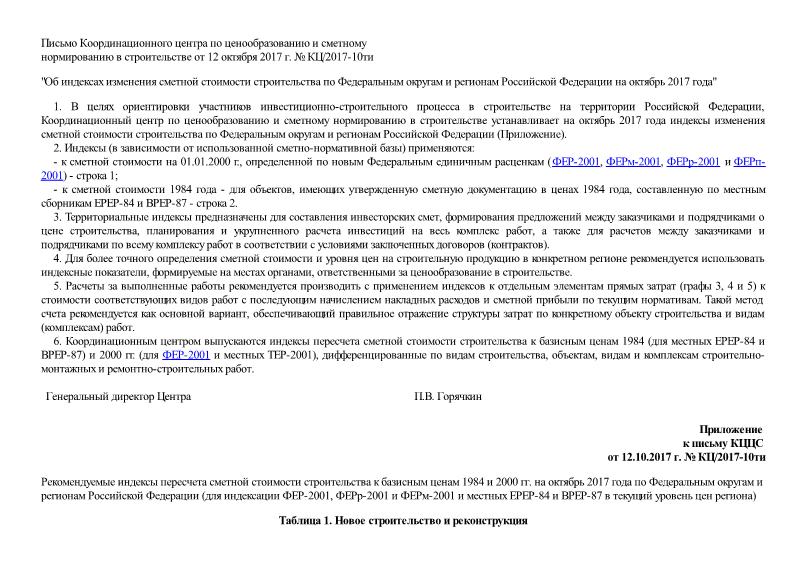Письмо КЦ/2017-10ти Об индексах изменения сметной стоимости строительства по Федеральным округам и регионам Российской Федерации на октябрь 2017 года
