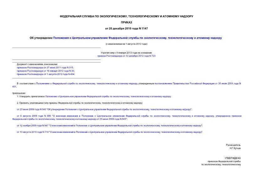 Приказ 1147 Положение о Центральном управлении Федеральной службы по экологическому, технологическому и атомному надзору