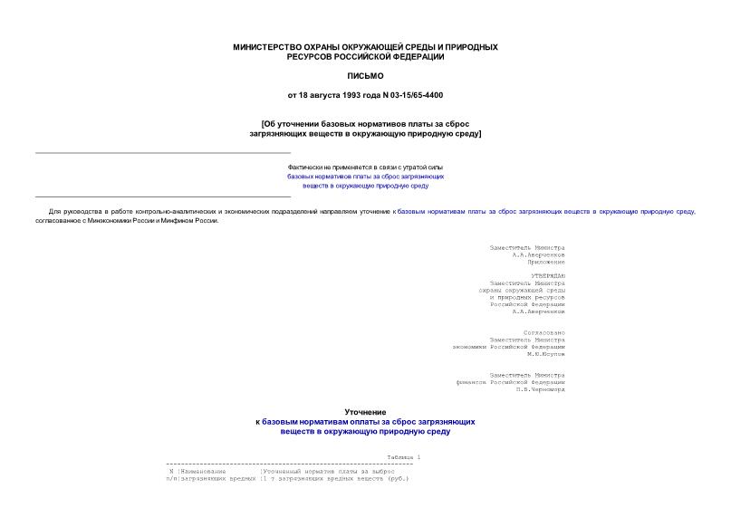 Письмо 03-15/65-4400 Об уточнении базовых нормативов платы за сброс загрязняющих веществ в окружающую природную среду
