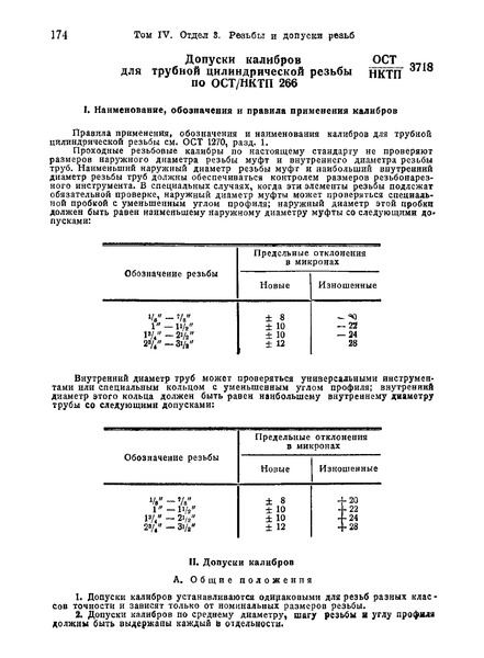 ОСТ НКТП 3718 Допуски калибров для трубной цилиндрической резьбы по ОСТ НКТП 266