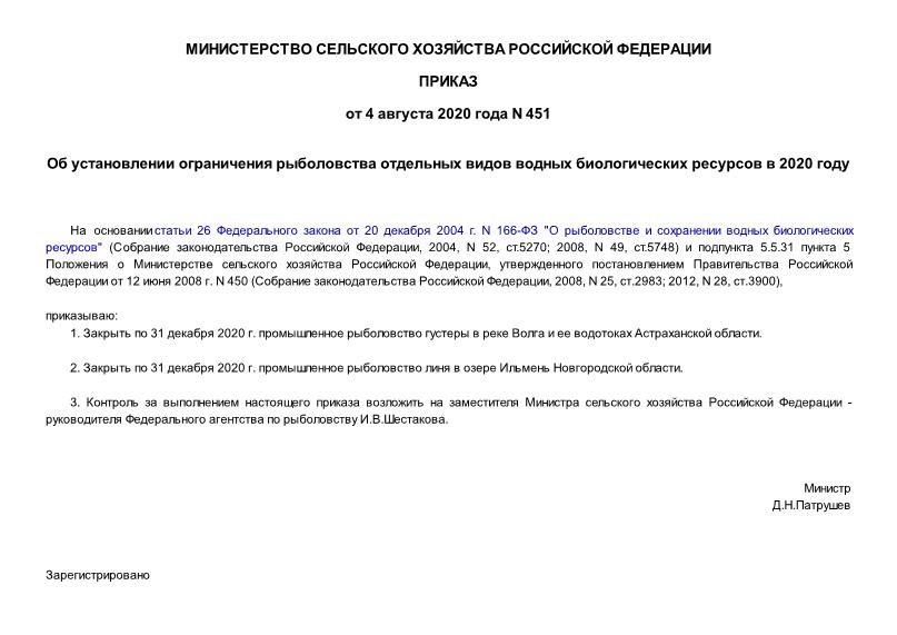 Приказ 451 Об установлении ограничения рыболовства отдельных видов водных биологических ресурсов в 2020 году