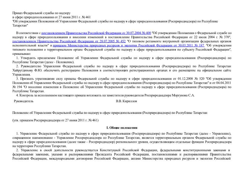   Положение об Управлении Федеральной службы по надзору в сфере природопользования (Росприроднадзора) по Республике Татарстан