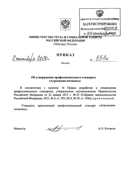 Приказ 551н Об утверждении профессионального стандарта 