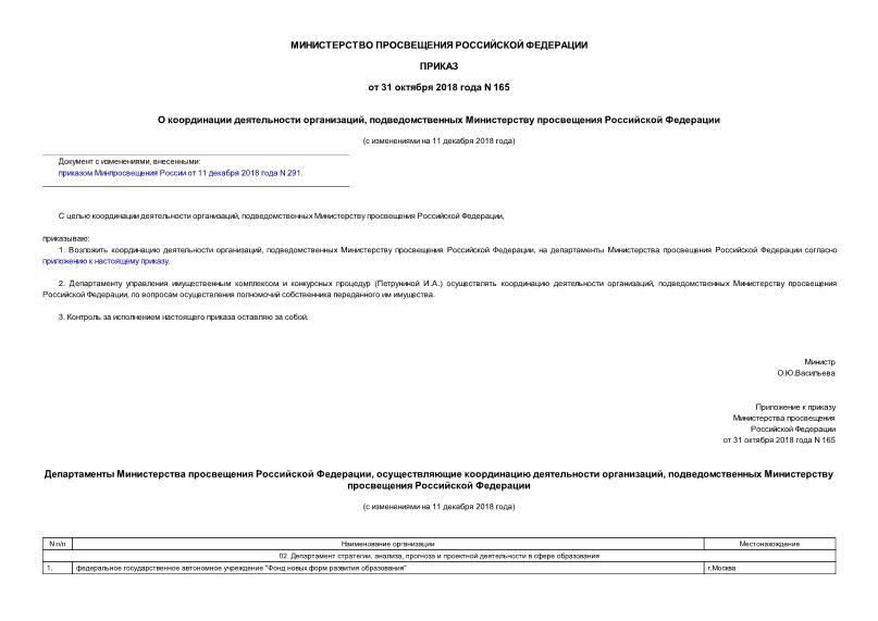 Приказ 165 О координации деятельности организаций, подведомственных Министерству просвещения Российской Федерации