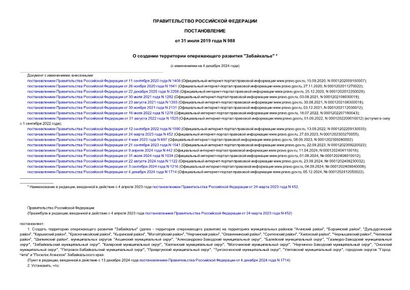 Постановление 988 О создании территории опережающего развития 