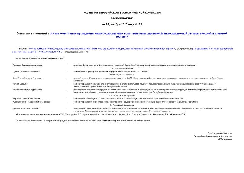 Распоряжение 182 О внесении изменений в состав комиссии по проведению межгосударственных испытаний интегрированной информационной системы внешней и взаимной торговли