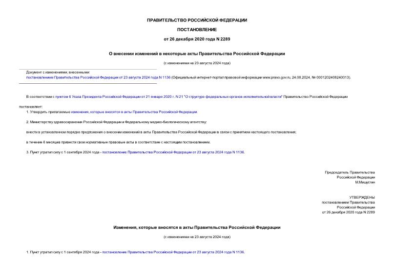 Постановление 2289 О внесении изменений в некоторые акты Правительства Российской Федерации