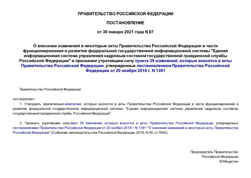 Постановление 87 О внесении изменений в некоторые акты Правительства Российской Федерации в части функционирования и развития федеральной государственной информационной системы 
