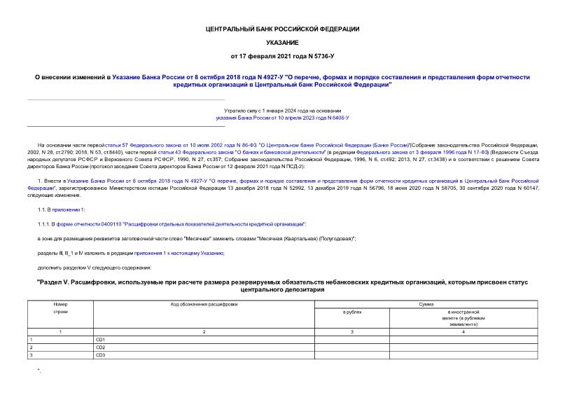 Указание 5736-У О внесении изменений в Указание Банка России от 8 октября 2018 года N 4927-У 