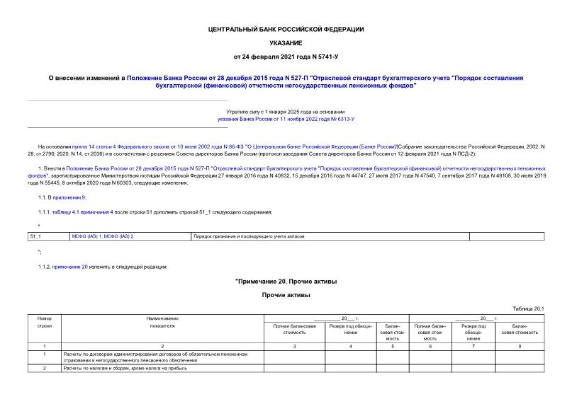 Указание 5741-У О внесении изменений в Положение Банка России от 28 декабря 2015 года N 527-П 