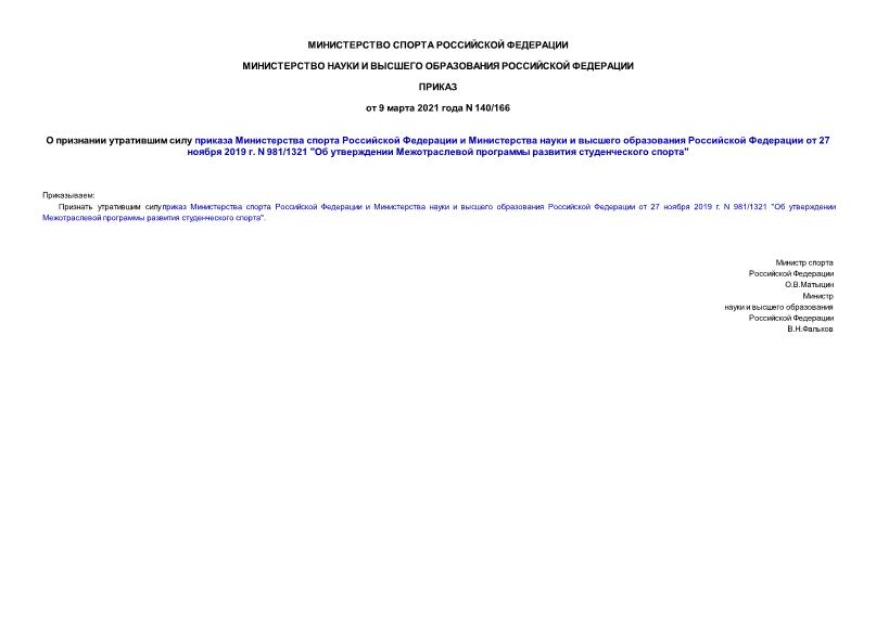 Приказ 140/166 О признании утратившим силу приказа Министерства спорта Российской Федерации и Министерства науки и высшего образования Российской Федерации от 27 ноября 2019 г. N 981/1321 