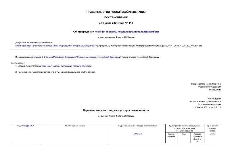 Постановление 1110 Об утверждении перечня товаров, подлежащих прослеживаемости