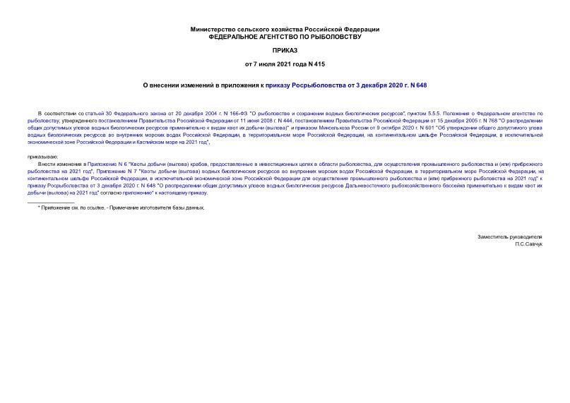 Приказ 415 О внесении изменений в приложения к приказу Росрыболовства от 3 декабря 2020 г. N 648