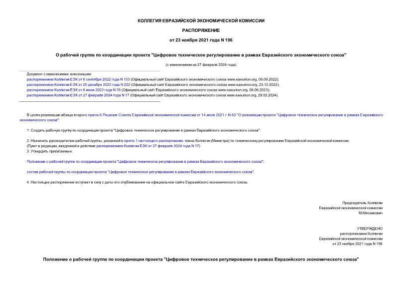 Распоряжение 196 О рабочей группе по координации проекта 