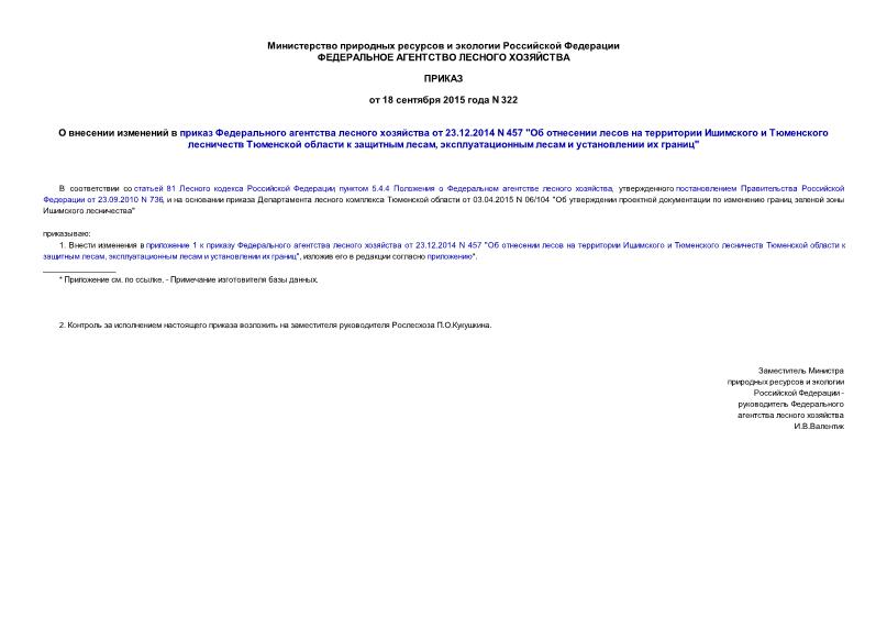 Приказ 322 О внесении изменений в приказ Федерального агентства лесного хозяйства от 23.12.2014 N 457 