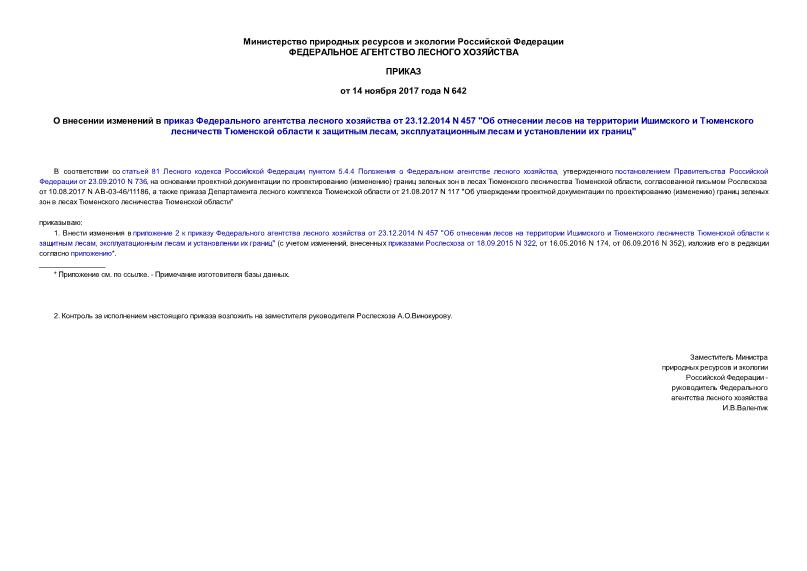 Приказ 642 О внесении изменений в приказ Федерального агентства лесного хозяйства от 23.12.2014 N 457 