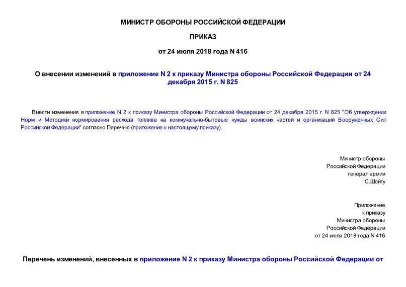 Приказ 416 О внесении изменений в приложение N 2 к приказу Министра обороны Российской Федерации от 24 декабря 2015 г. N 825