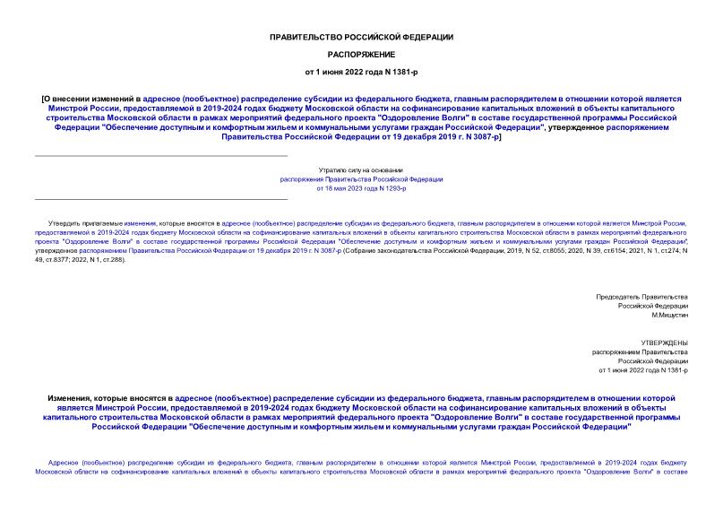 Распоряжение 1381-р О внесении изменений в адресное (пообъектное) распределение субсидии из федерального бюджета, главным распорядителем в отношении которой является Минстрой России, предоставляемой в 2019 - 2024 годах бюджету Московской области на софинансирование капитальных вложений в объекты капитального строительства Московской области в рамках мероприятий федерального проекта 