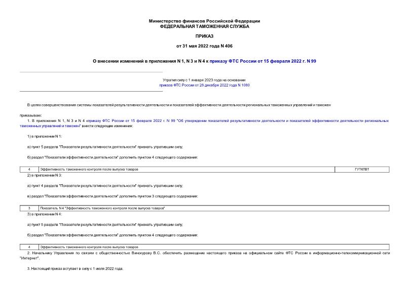 Приказ 406 О внесении изменений в приложения N 1, N 3 и N 4 к приказу ФТС России от 15 февраля 2022 г. N 99