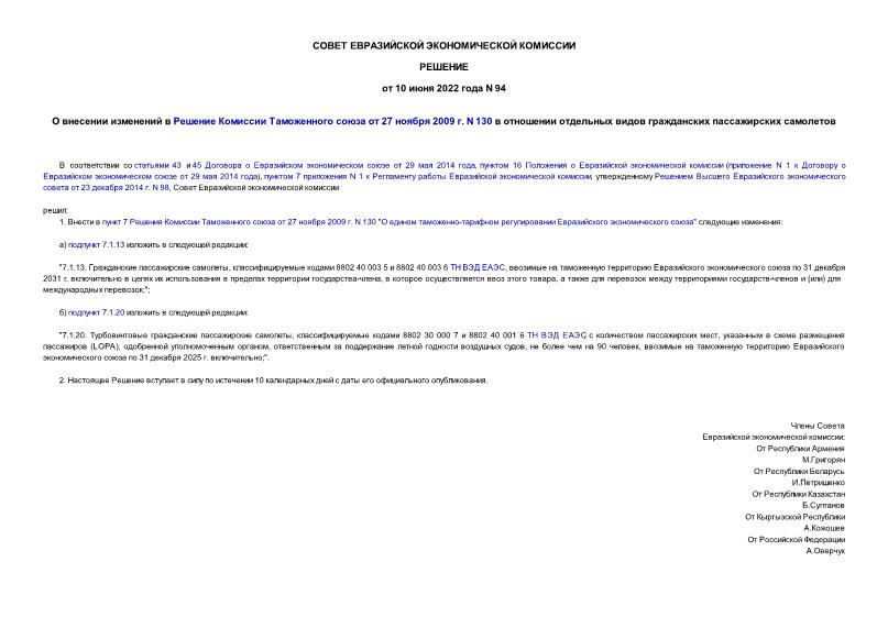 Решение 94 О внесении изменений в Решение Комиссии Таможенного союза от 27 ноября 2009 г. N 130 в отношении отдельных видов гражданских пассажирских самолетов