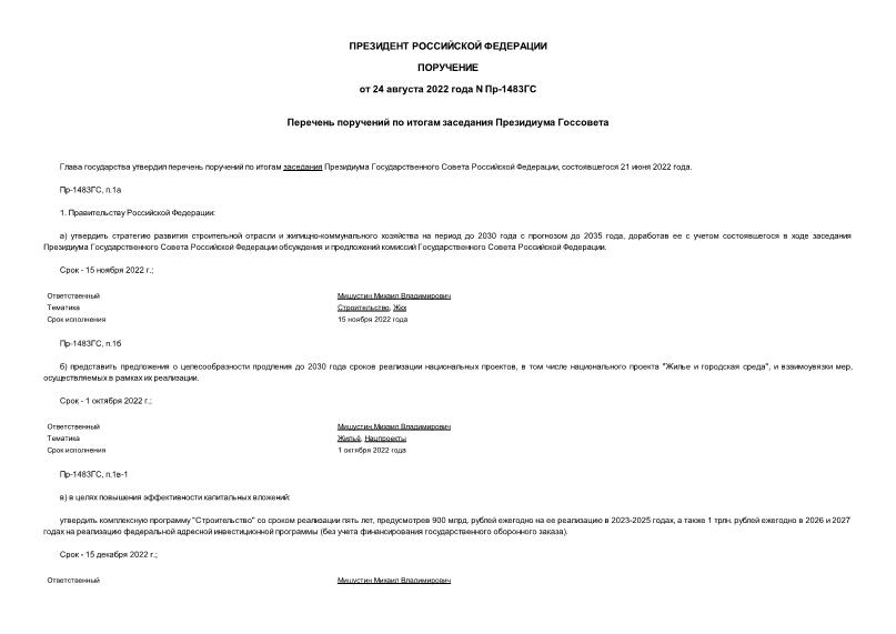 Поручение Президента Российской Федерации Пр-1483ГС Перечень поручений по итогам заседания Президиума Госсовета