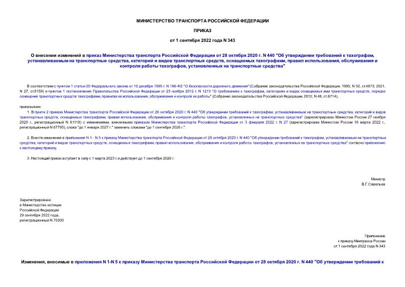 Приказ 343 О внесении изменений в приказ Министерства транспорта Российской Федерации от 28 октября 2020 г. N 440 