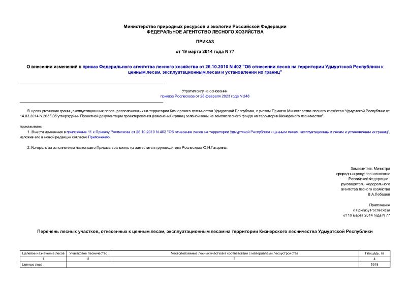 Приказ 77 О внесении изменений в приказ Федерального агентства лесного хозяйства от 26.10.2010 N 402 