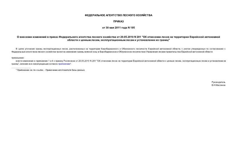 Приказ 195 О внесении изменений в приказ Федерального агентства лесного хозяйства от 20.05.2010 N 201 