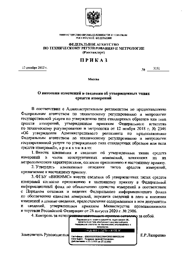 Приказ 3151 О внесении изменений в сведения об утвержденных типах средств измерений