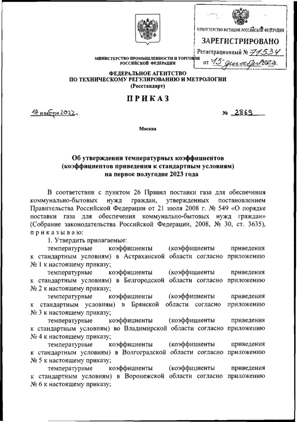 Приказ 2869 Об утверждении температурных коэффициентов (коэффициентов приведения к стандартным условиям) на первое полугодие 2023 года
