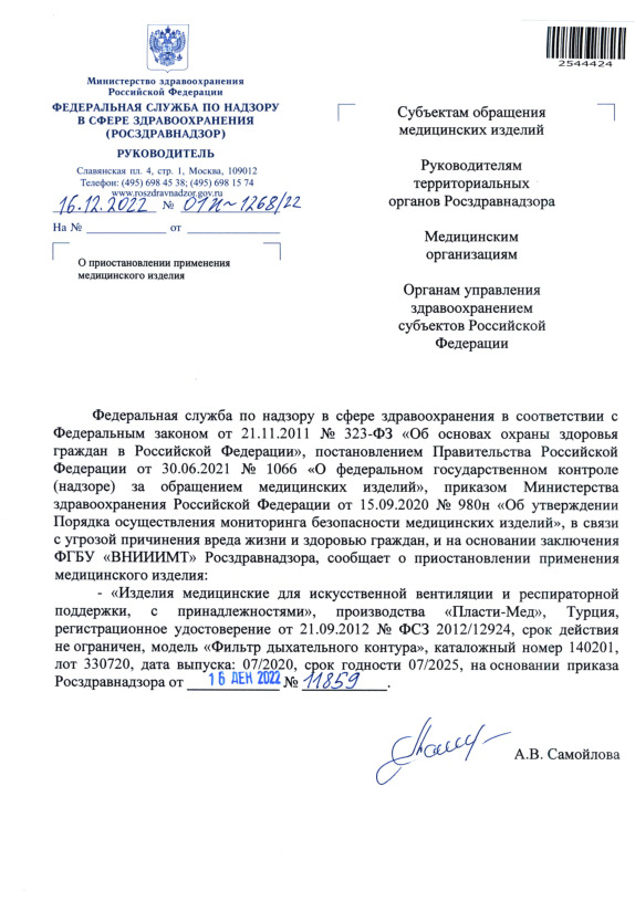 Письмо 01И-1268/22 О приостановлении применения медицинского изделия