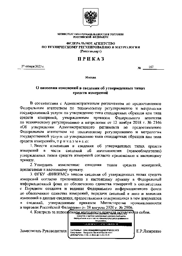 Приказ 167 О внесении изменений в сведения об утвержденных типах средств измерений