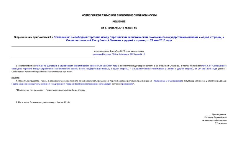Решение 55 О применении приложения 3 к Соглашению о свободной торговле между Евразийским экономическим союзом и его государствами-членами, с одной стороны, и Социалистической Республикой Вьетнам, с другой стороны, от 29 мая 2015 года