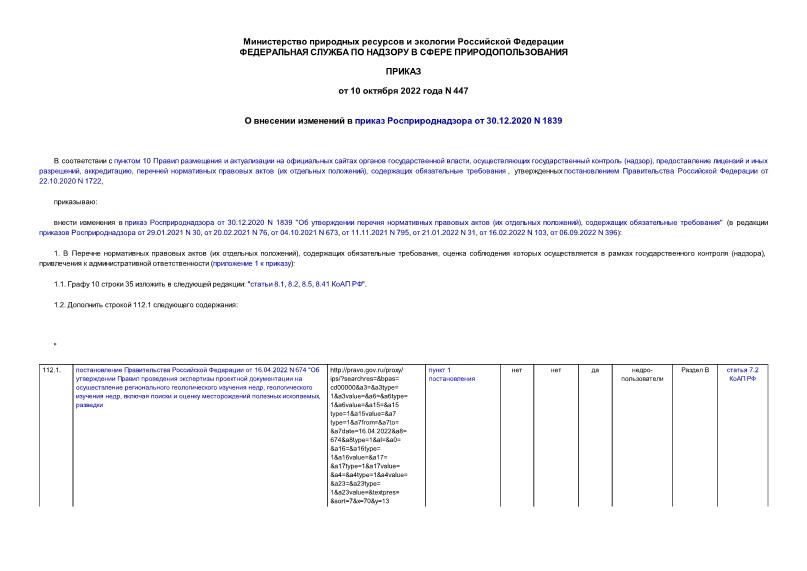 Приказ 447 О внесении изменений в приказ Росприроднадзора от 30.12.2020 N 1839