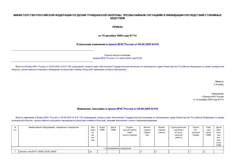 Приказ 714 О внесении изменения в приказ МЧС России от 09.08.2005 N 618