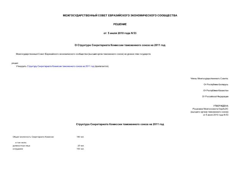 Решение 53 О Структуре Секретариата Комиссии таможенного союза на 2011 год