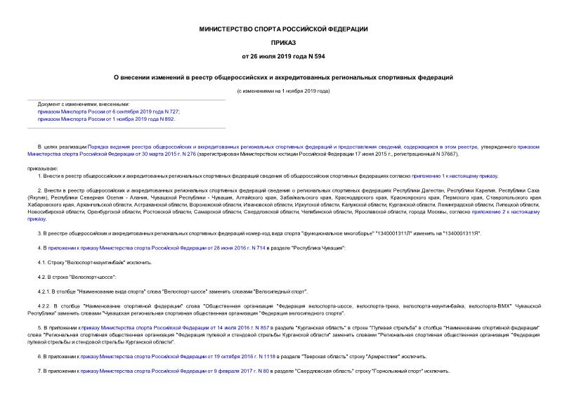 Приказ 594 О внесении изменений в реестр общероссийских и аккредитованных региональных спортивных федераций