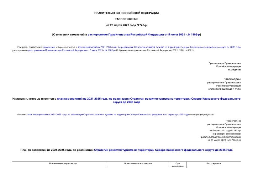 Распоряжение 742-р О внесении изменений в распоряжение Правительства Российской Федерации от 5 июля 2021 г. N 1802-р