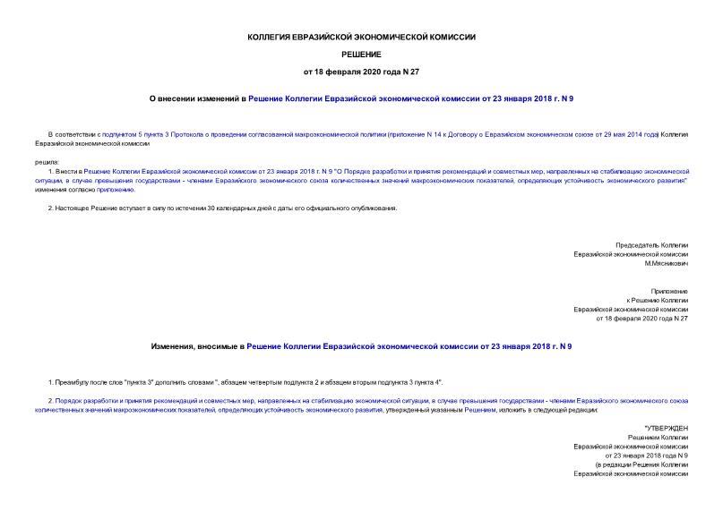 Решение 27 О внесении изменений в Решение Коллегии Евразийской экономической комиссии от 23 января 2018 г. N 9