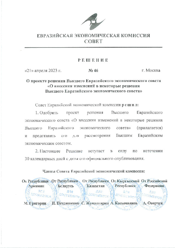 Решение 46 О проекте решения Высшего Евразийского экономического совета 