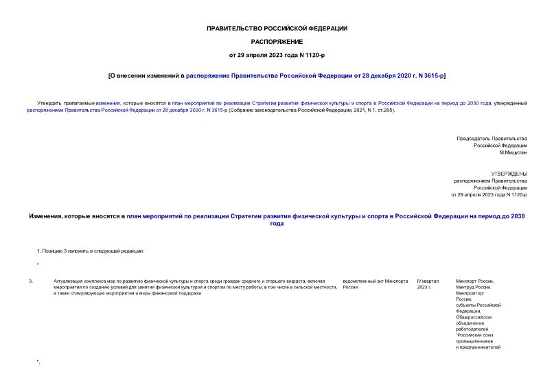 Распоряжение 1120-р О внесении изменений в распоряжение Правительства Российской Федерации от 28 декабря 2020 г. N 3615-р