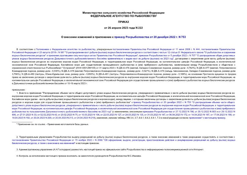Приказ 222 О внесении изменений в приложение к приказу Росрыболовства от 20 декабря 2022 г. N 753