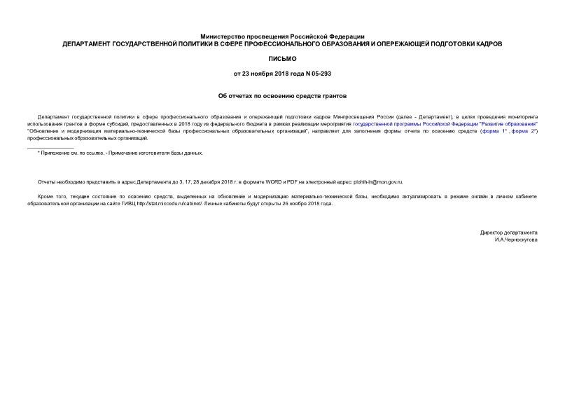 Письмо 05-293 Об отчетах по освоению средств грантов