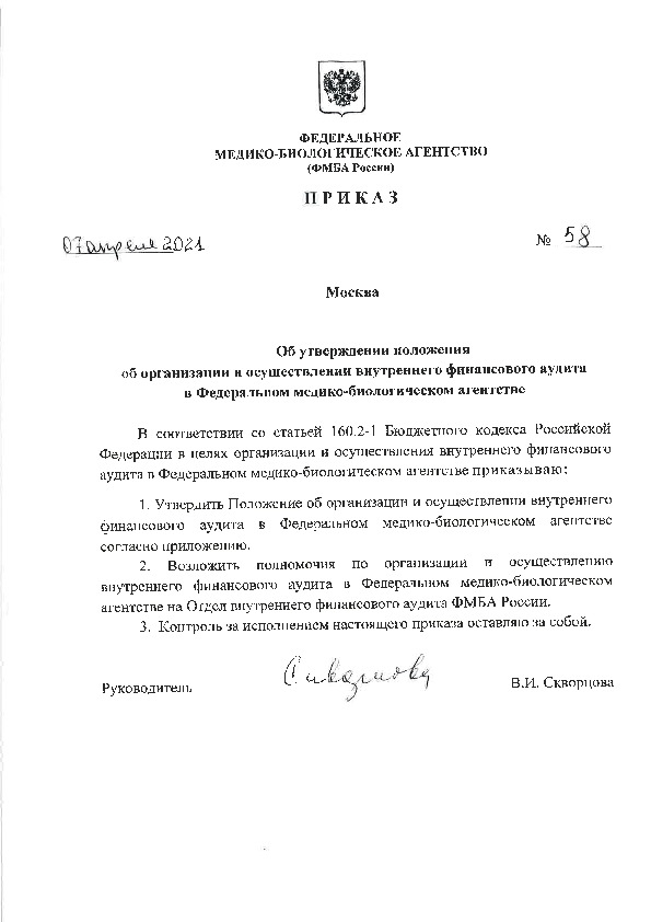 Приказ 58 Об утверждении положения об организации и осуществлении внутреннего финансового аудита в Федеральном медико-биологическом агентстве