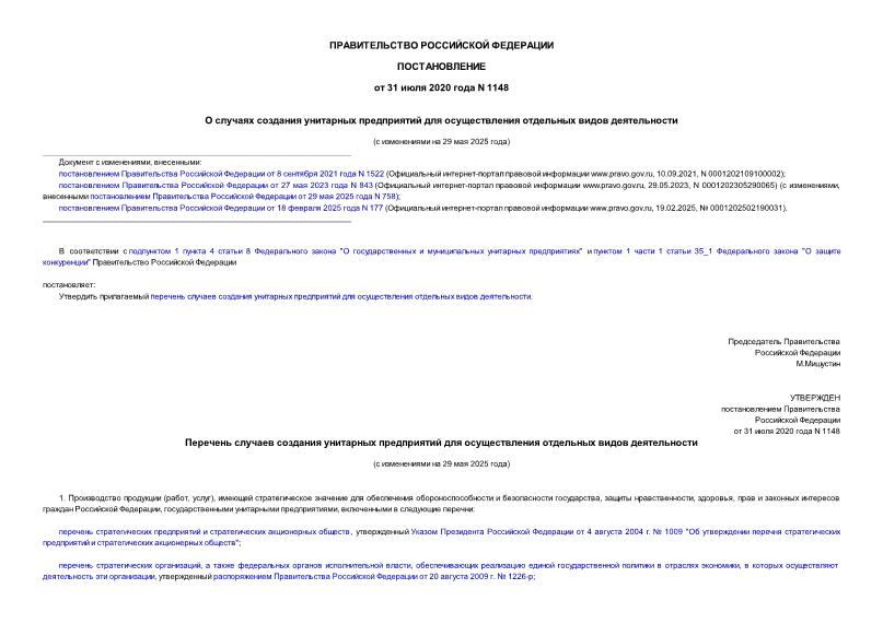 Постановление 1148 О случаях создания унитарных предприятий для осуществления отдельных видов деятельности